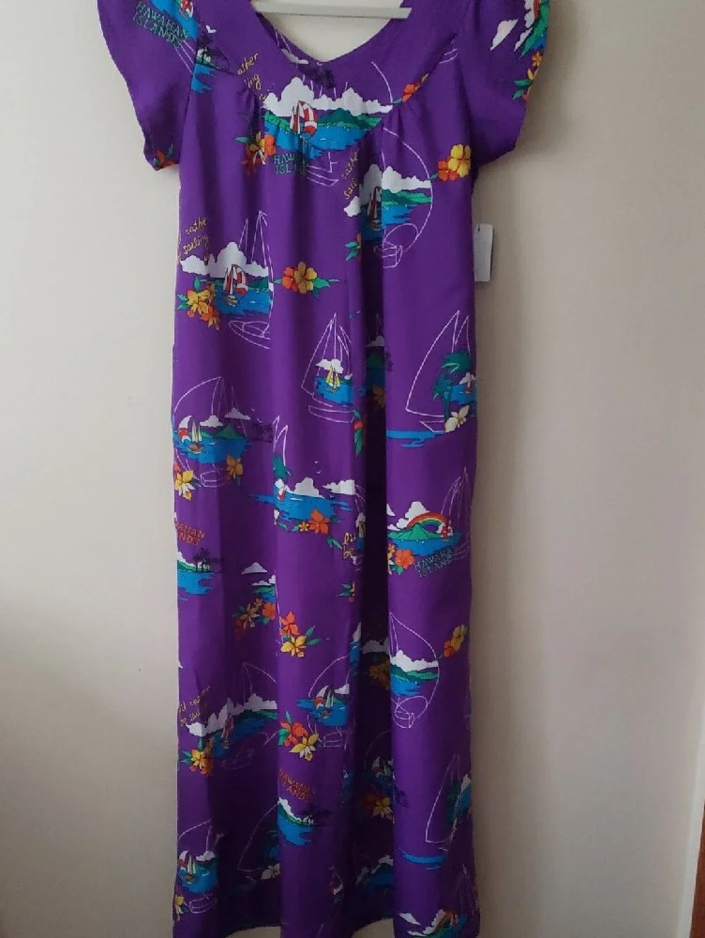 Vintage 70s Poly Purple Hawaiian Print Maxi Dress With Adorable Print!
